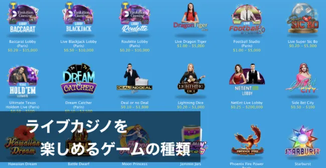 ライブカジノを楽しめるゲームの種類